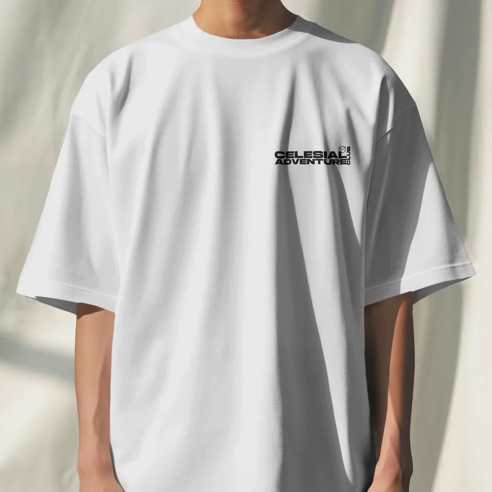 Model wearing the Saint White Consciousness oversized t-shirt, front view