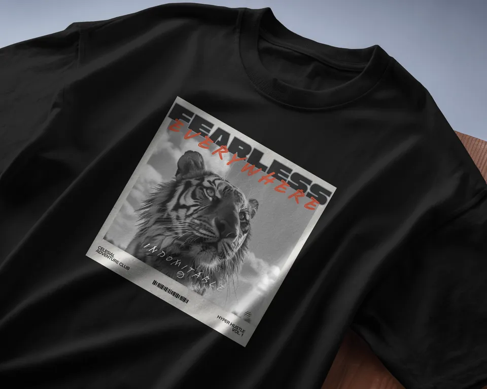 Black oversized t-shirt with the Fearless tiger print, angled close-up