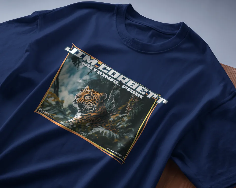Navy blue oversized t-shirt with the Jim Corbett leopard print, angled close-up