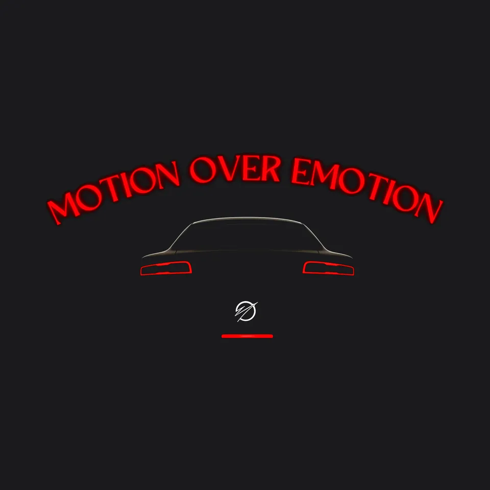 The Motion Over Emotion print artwork: the red neon Motion Over Emotion arc above a car silhouette with glowing tail lights