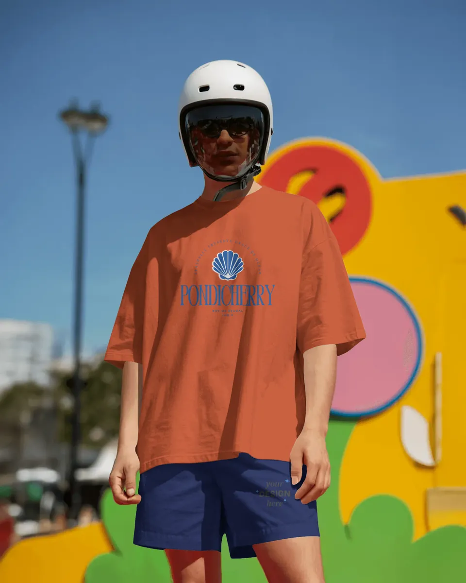 Model in a helmet wearing the red Pondicherry oversized t-shirt