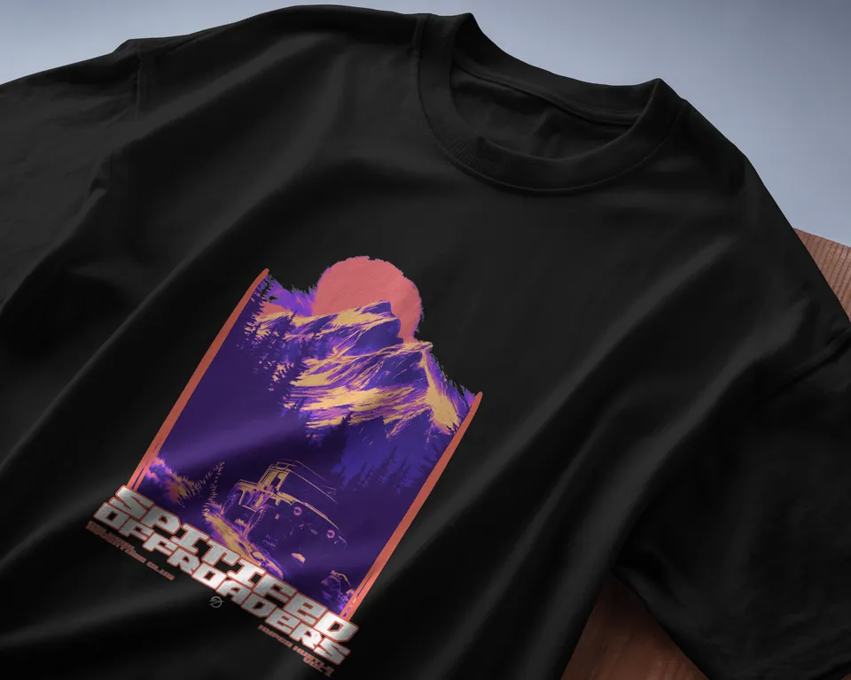Black oversized t-shirt with the Spitified mountain print, hanging close-up