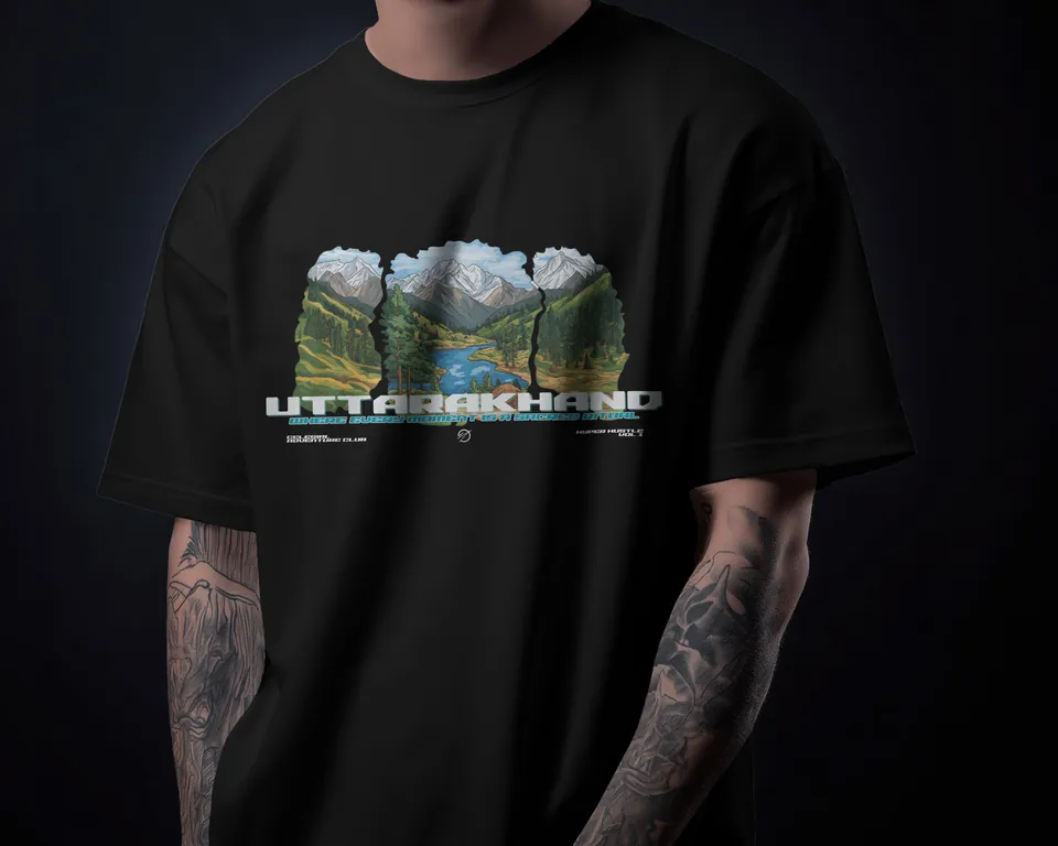 Model wearing the black Uttarakhand oversized t-shirt